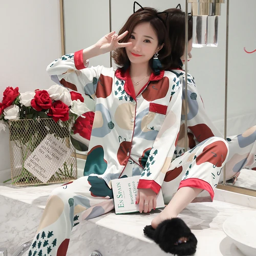 Весенне-осенняя Шелковая пижама размера плюс 3XL 4XL с длинным рукавом, Шелковый пижамный комплект, женская пижама, симпатичная ночная рубашка, набор пижам для женщин - Цвет: C HT 252
