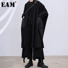 [EAM] свободное черное шерстяное пальто с карманами большого размера, парки, новинка, длинный рукав, женская мода, Осень-зима, 19A-a741