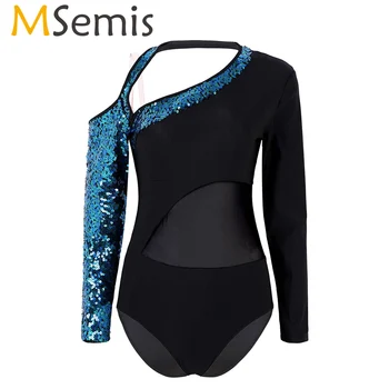 

MSemis Women Adults Dance Leotard Bodysuit Dresses Dress Sequins Mesh Splice Waist Gymnastics Ballet Dancer Costumes Dancewear
