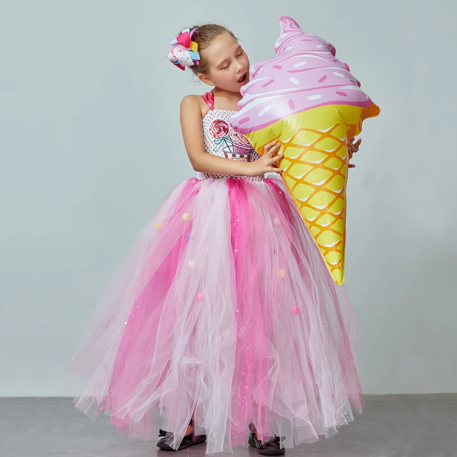 Ice Cream Sweet Candy Girls Tutu Dress with Hair Bows Kids Birthday Tutu Costume Pageant Princess Gown Dress Lollipop Dress (14)