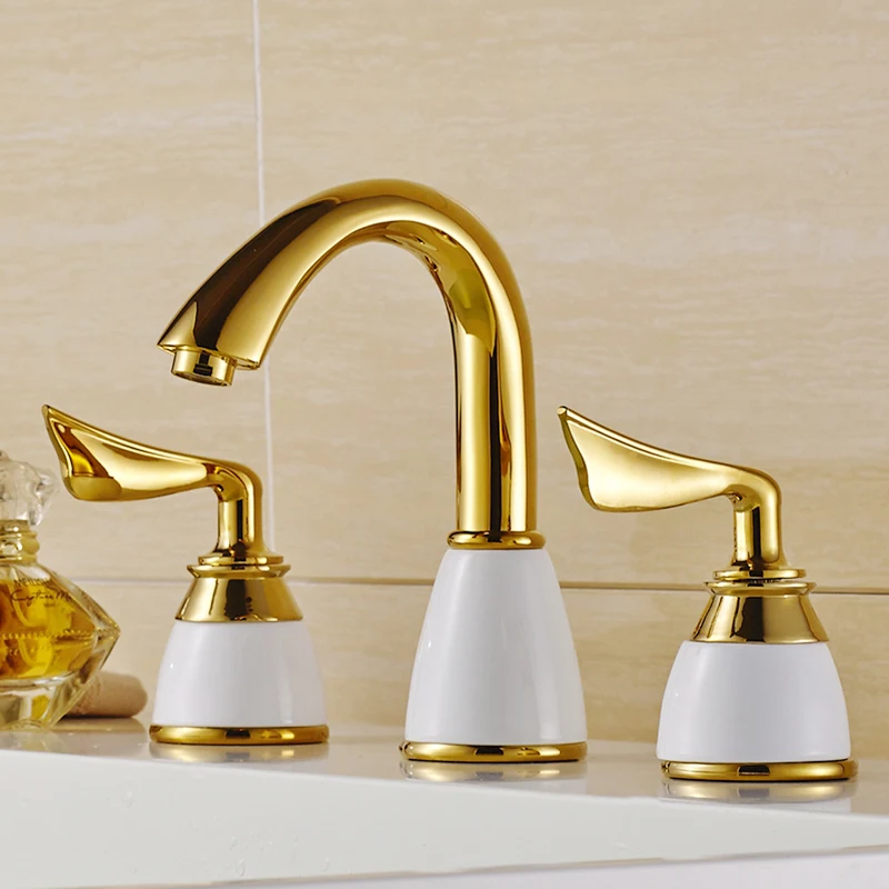 

Basin Faucets Polished Gold Brass Made Modern Bathroom Sink Faucet Double Handle 3 Hole Bath Basin Counter Mixer Taps