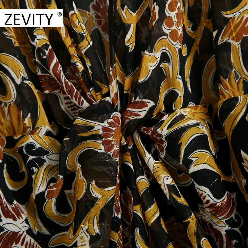 ZEVITY women vintage totem flower print front pleat chiffon midi dress female lantern sleeve casual vestidos chic dresses DS4440
