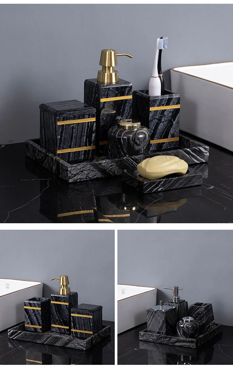 Ancient Wood Grain Marble Bathroom Soap Dispenser Toothbrush Holder Image 6