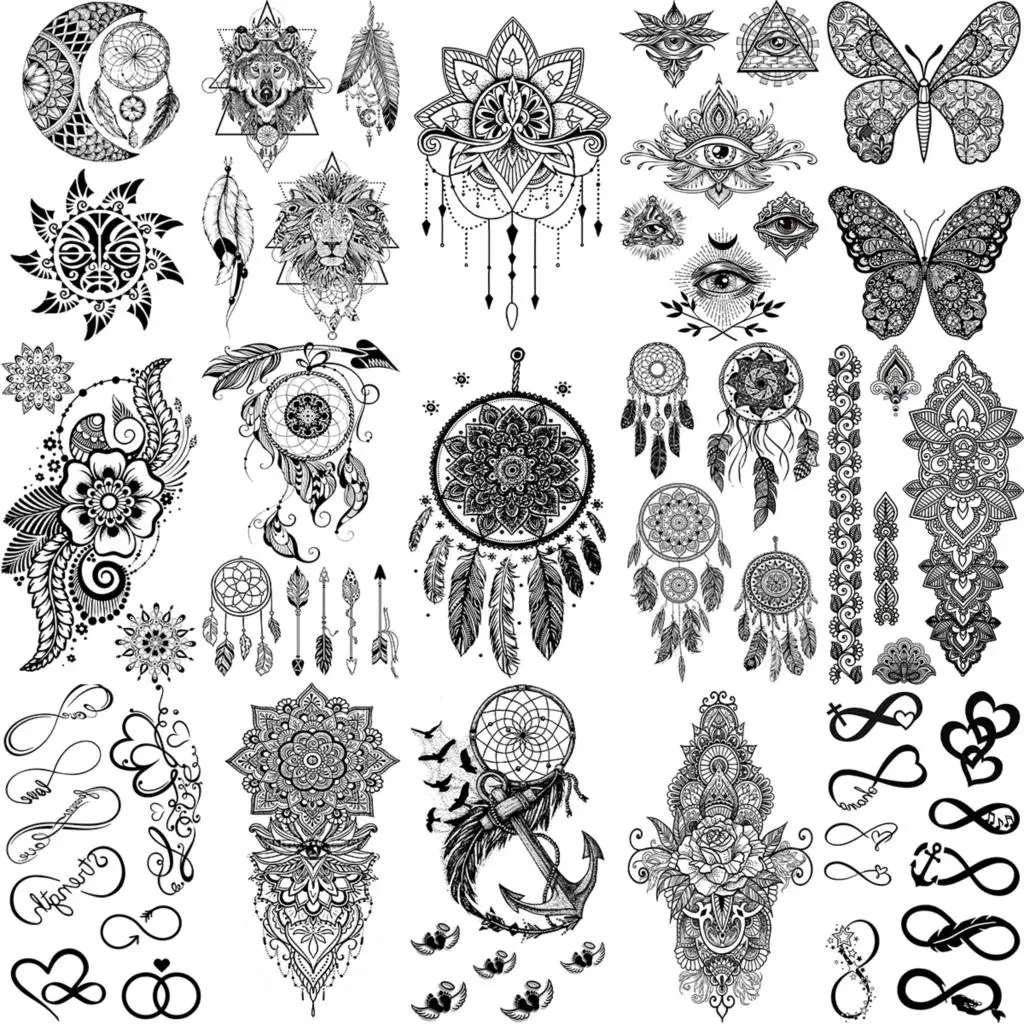 

Dream Catcher Henna Arrow Temporary Tattoos For Women Adult Feather Butterfly Infinite Eye Fake Tattoo Neck Arm Hand Small Tatoo