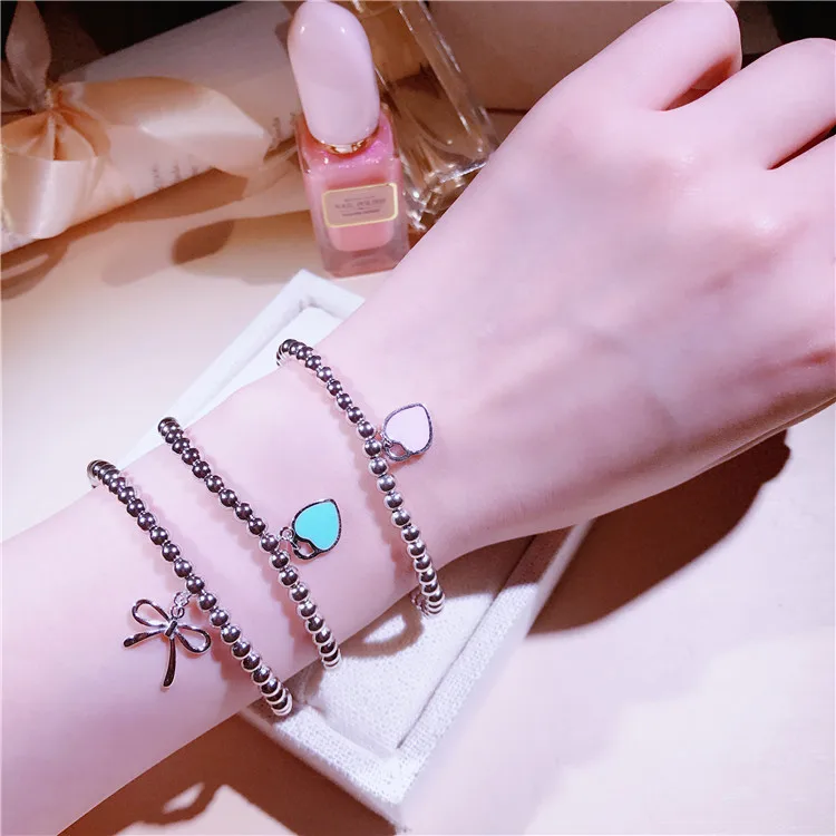 Модное голубое розовое эмалированное сердце браслет из бисера для женщин S925 Серебряный Шарм 4 мм шаровые браслеты с бантами Pulseras брендовые ювелирные изделия