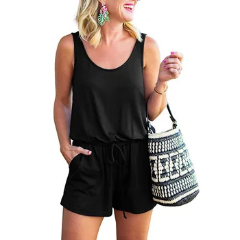 

Sexy Sleeveless jumpsuit striped shorts romper women summer black pocket overalls beach coveralls female frock plus size S-2XL