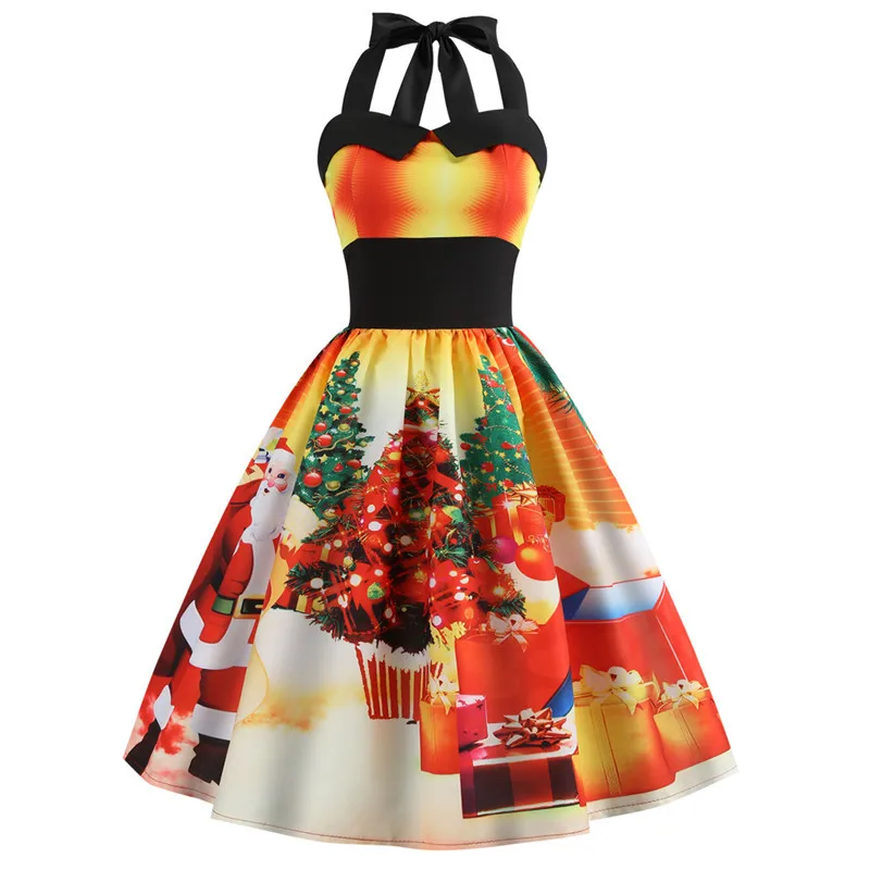 Сексуальное рождественское платье без бретелек с лямкой на шее, женское платье с принтом Санты, винтажное платье для вечеринок в стиле рокабилли, рождественское платье до колен - Цвет: JY12733