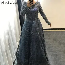 Новейший дизайн, темно-синее вечернее платье, Дубай, Роскошные вечерние платья с круглым вырезом и кристаллами, с длинным рукавом, vestidos elegantes