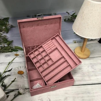 

European Style Jewelry Box Double Layer Large Capacity Elegant Flannel With Lock Fashion Leader Velvet Jewelry Box