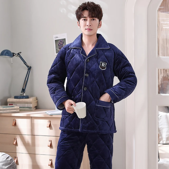 Men Pajamas Set Winter 3 Layers Quilted Pyjamas Suits Thick Coral