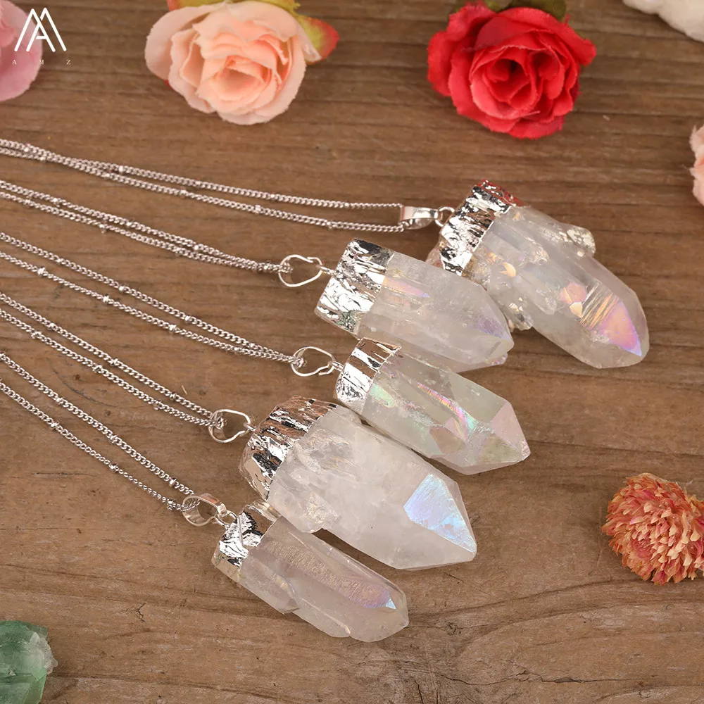 Titanium AB Natural White Quartz Irregular Point Pendant Gold Chains Necklace For Women Quartz Crystal Beads Adjustable Necklace