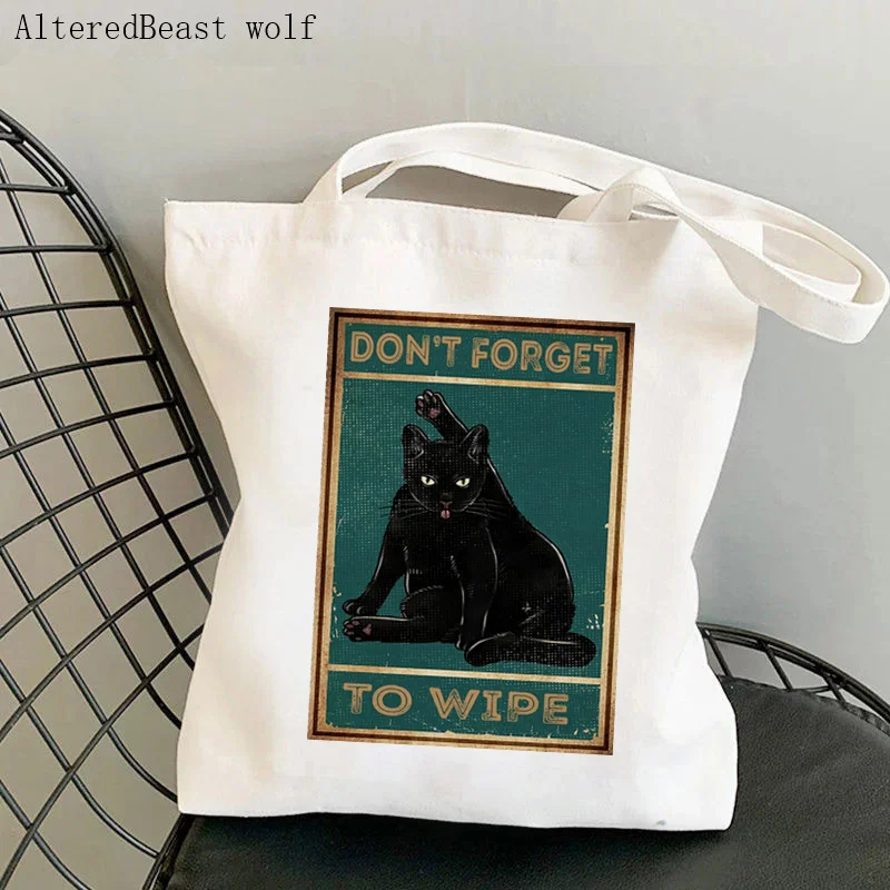 Women Shopper bag Black Cat Care Knowledge Kawaii Bag Harajuku Shopping Canvas Shopper Bag girl handbag Tote Shoulder Lady Bag