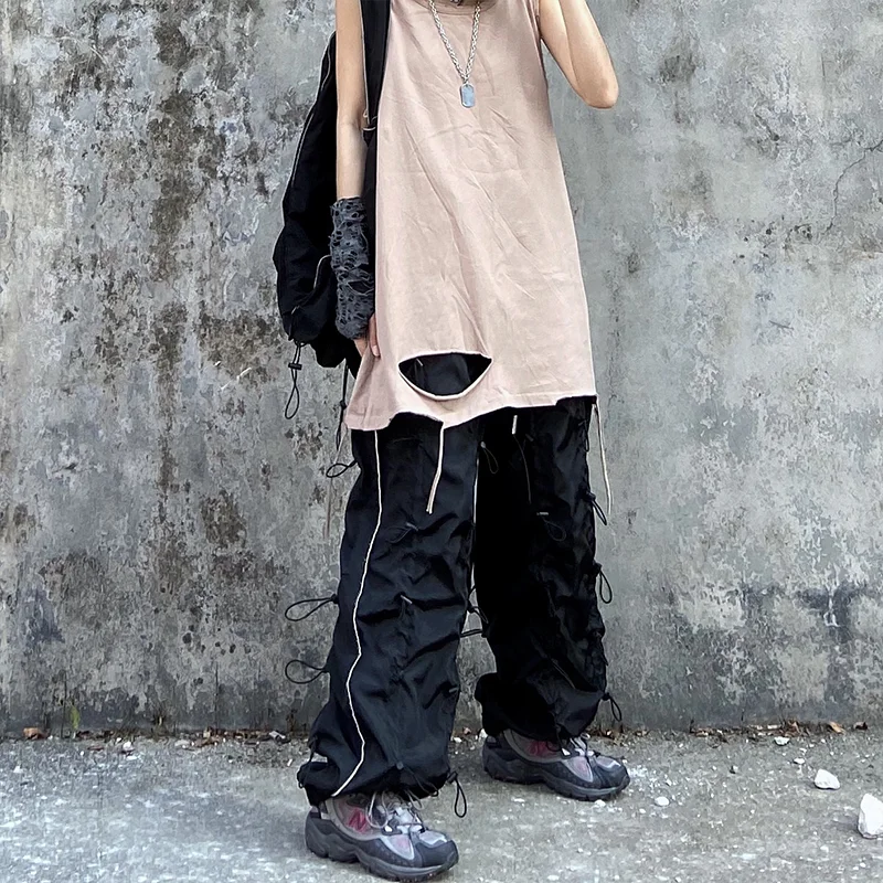 [EAM] High Elastic Waist Green Drawstring Wide Leg Long Trousers New Loose Fit Pants Women Fashion Tide Spring Autumn 2020 1X847