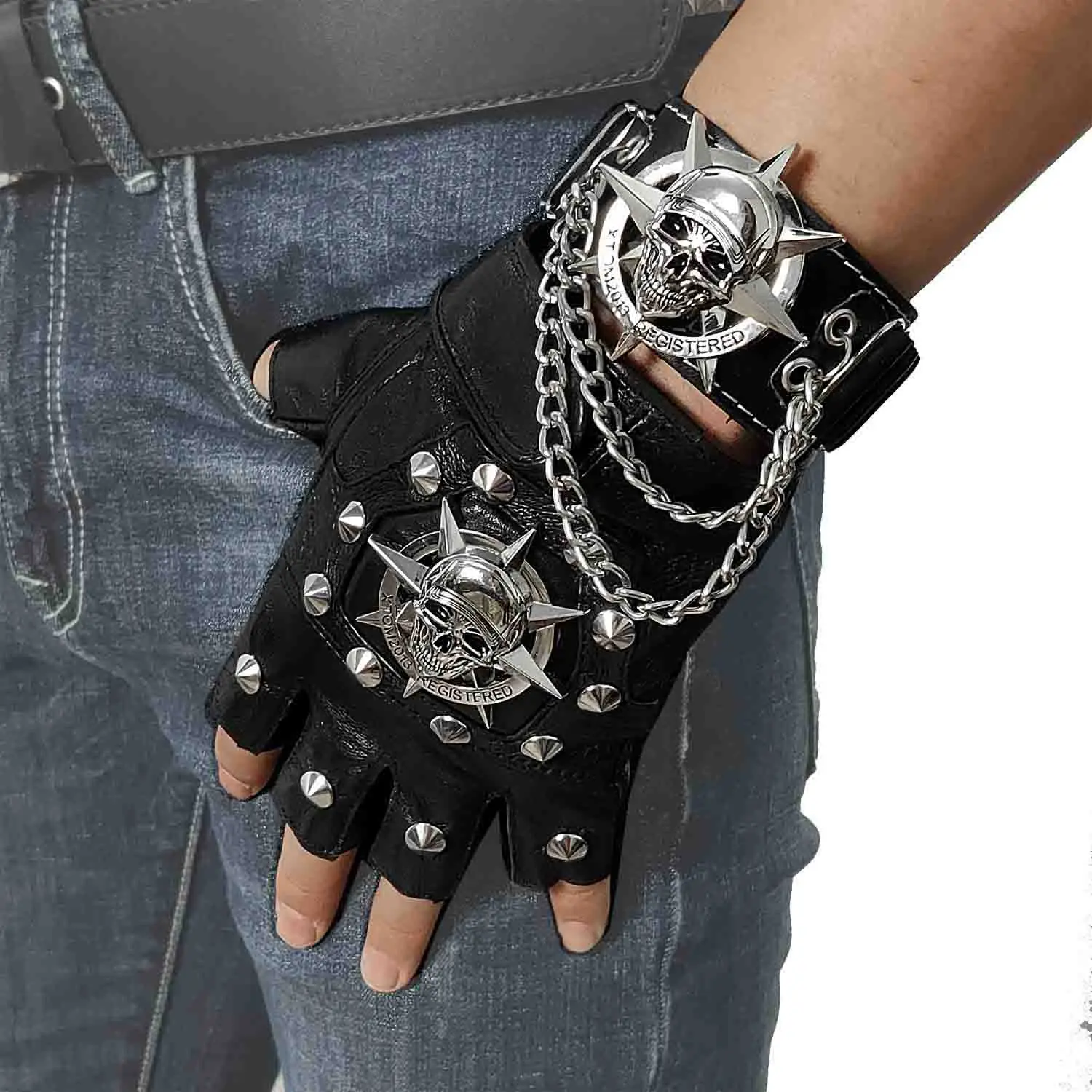 1 Pair Horn Studded Skull Fingerless Leather Gloves Punk Rock