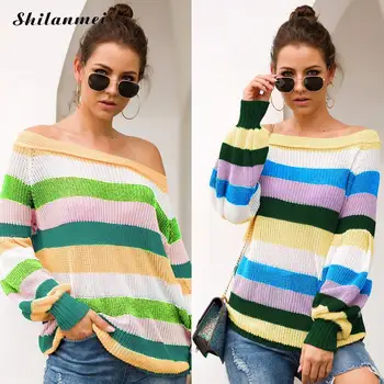 

Off Shoulder Sweater Colorful Striped Fashion Streetwear Long Sleeve Knitted Women Pullover Sweater 2019 Loose Autumn Jumper