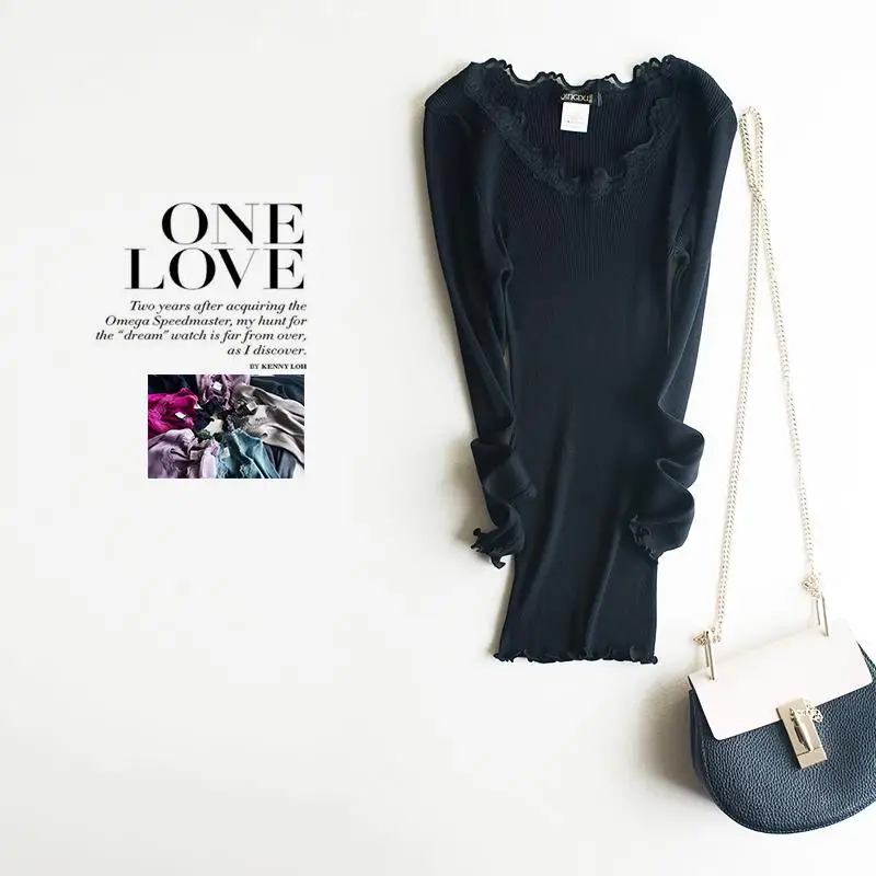 High Elastic Silk Thread Shirt T-shirt And Silk Seamless Slim Female Long Sleeved T-shirt - Цвет: Черный