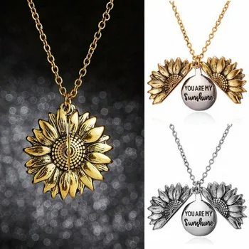 

You Are My Sunshine Trendy Sunflower Open Locket Pendant Party Favors Letter Necklaces Women Jewelry for Valentine's Day DF