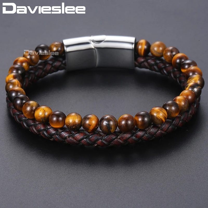 Мужские браслеты из бусин с тигриным глазом Davieslee коричневые натуральной кожи