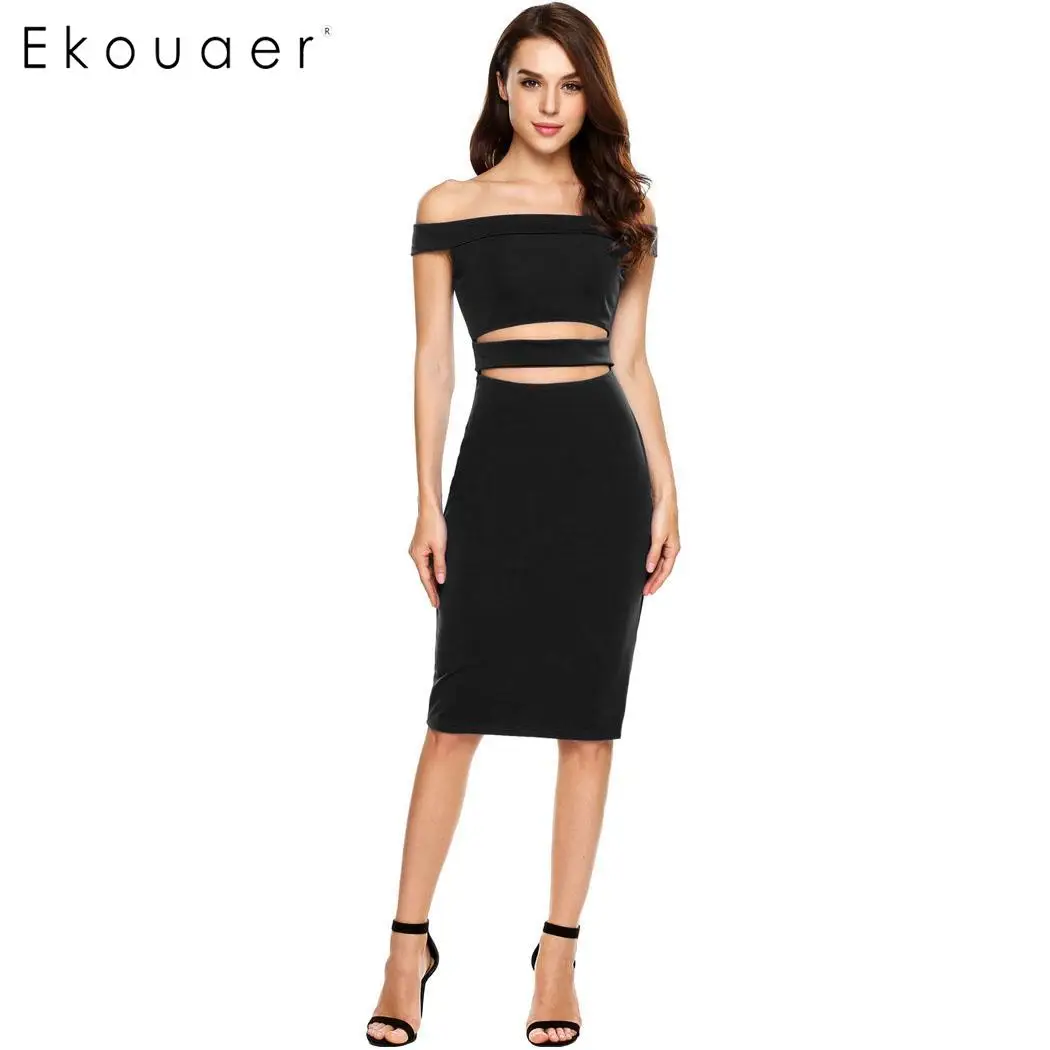 Ekouaer Women Club Dresses Short Sleeve Solid Off Shoulder Sexy Cocktail Bodycon Pencil Dress