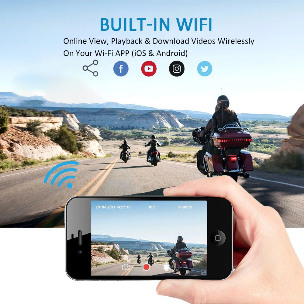 Видеорегистратор для мотоцикла с Wi Fi и двумя камерами 1080P + 720P| |