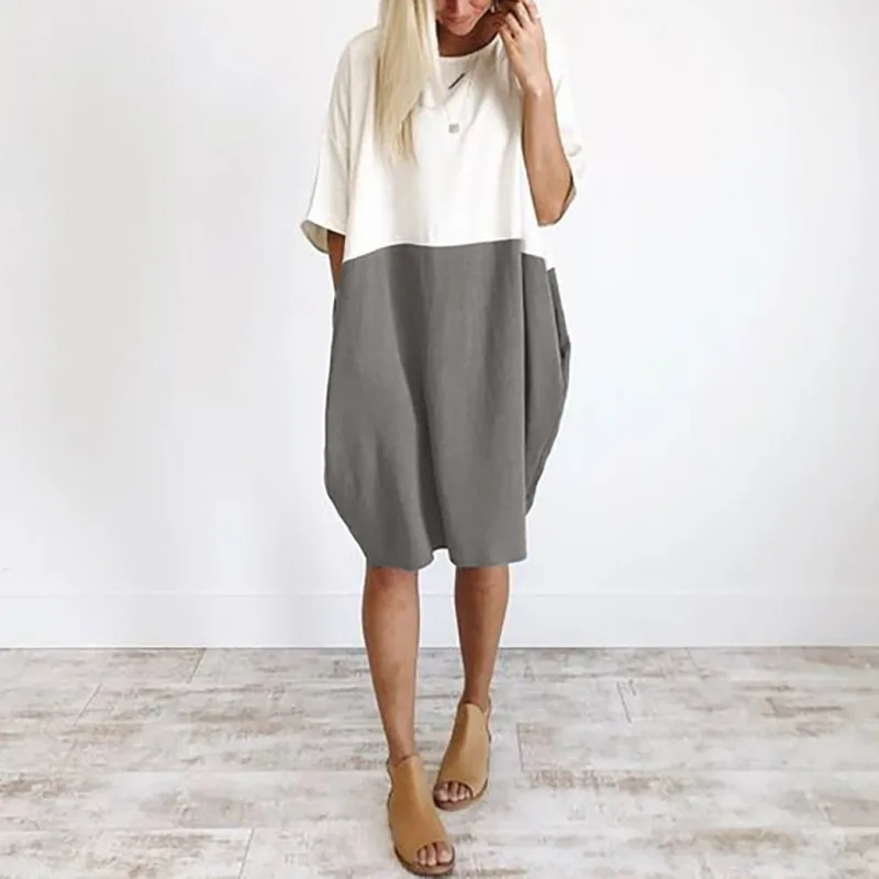 

NEW Women Casual Loose Dress Linen Patchwork Half Sleeve Solid Button Splice Pocket Dress Fashion summer dresses robe femme 2019