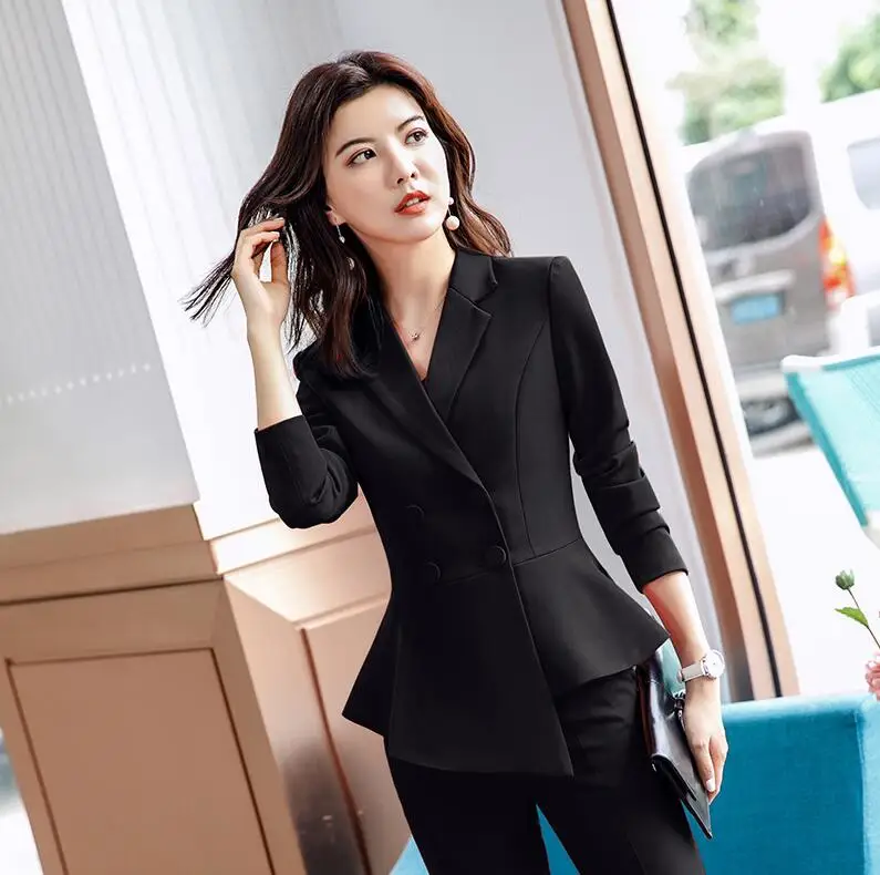 black-suits Женский красный Блейзер, тонкий, весна, осень,, элегантный, офисный, для девушек, костюм для работы, Раффлед, двубортный Блейзер, сплошной цвет - Цвет: black-suits