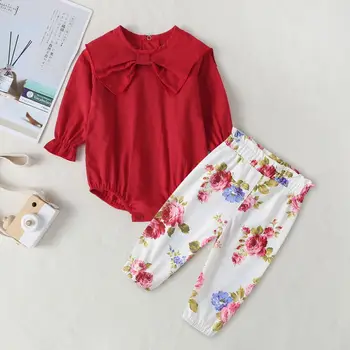 

0-18M Cute Newborn Baby Girl Floral Clothes Long Sleeve Bow Romper Tops+Ruffles Long Pant 2pcs Outfits baby Girl Clothing Set