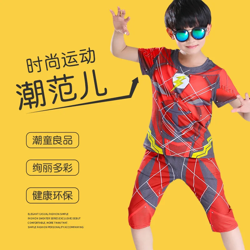 

Superman Clothes Short Sleeve BOY'S Suit Summer Wear Marvel Anime Flash Deadpool Captain America Set