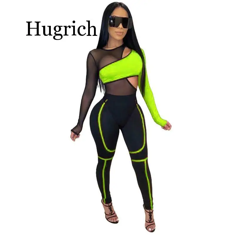 

2020 Color Patchwork Sheer Mesh Bandage Jumpsuit 2 Piece Set Hollow Out Long Sleeve Casual Romper Tracksuit Club Bodysuits