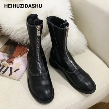 

Front zipper Mid boots women fashion brand design round toe Chunky boots 2019 Autumn British style flat women boots footwear