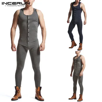 

Leisure Solid Bodysuit Jumpsuits INCERUN Mens Stretch Leotard Sleepwear Tight Tank top Homewear Rompers Men Buttons Onesies 5XL