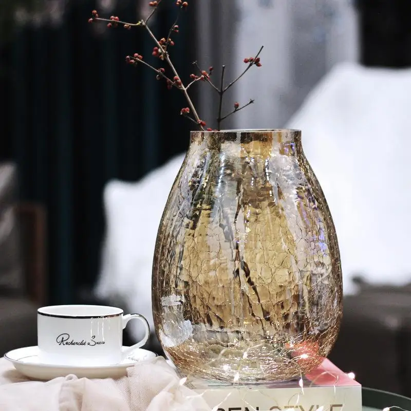 Creative large light luxury cracked ice flower glass vase transparent home decoration arrangement ornaments | Дом и сад