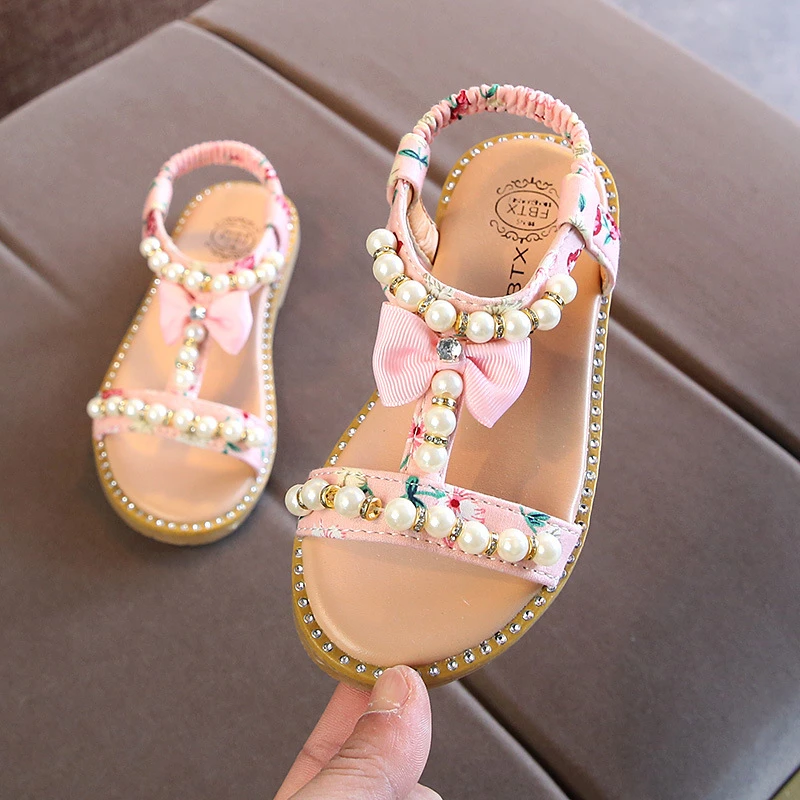 Sandalias de perlas para niñas pequeñas, zapatos de vestir de princesa con lazo, Sandalias planas playa de 1, 2, 3, 4 a 5, 6 años|Sandalias| - AliExpress