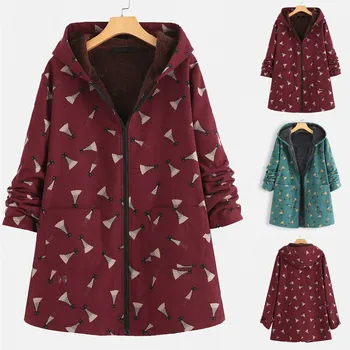 

Women Winter Vintage Warm Printed Pockets Thicker Zipper Hooded Coat Outwear Dropshipping Winter 2019 free shipping fashion Leis