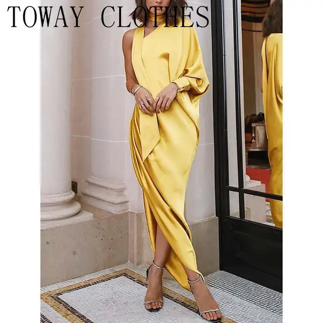 Shoulder Satin Dress Ruched Maxi 
