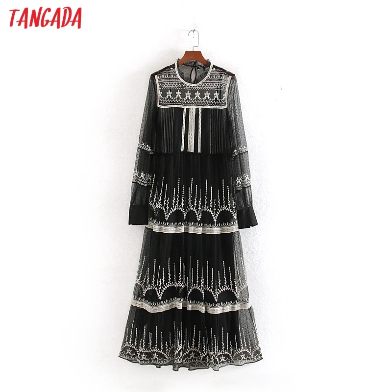 Tangada женское элегантное Сетчатое длинное платье с вышивкой с длинным рукавом Женские черные вечерние платья макси vestido CE181