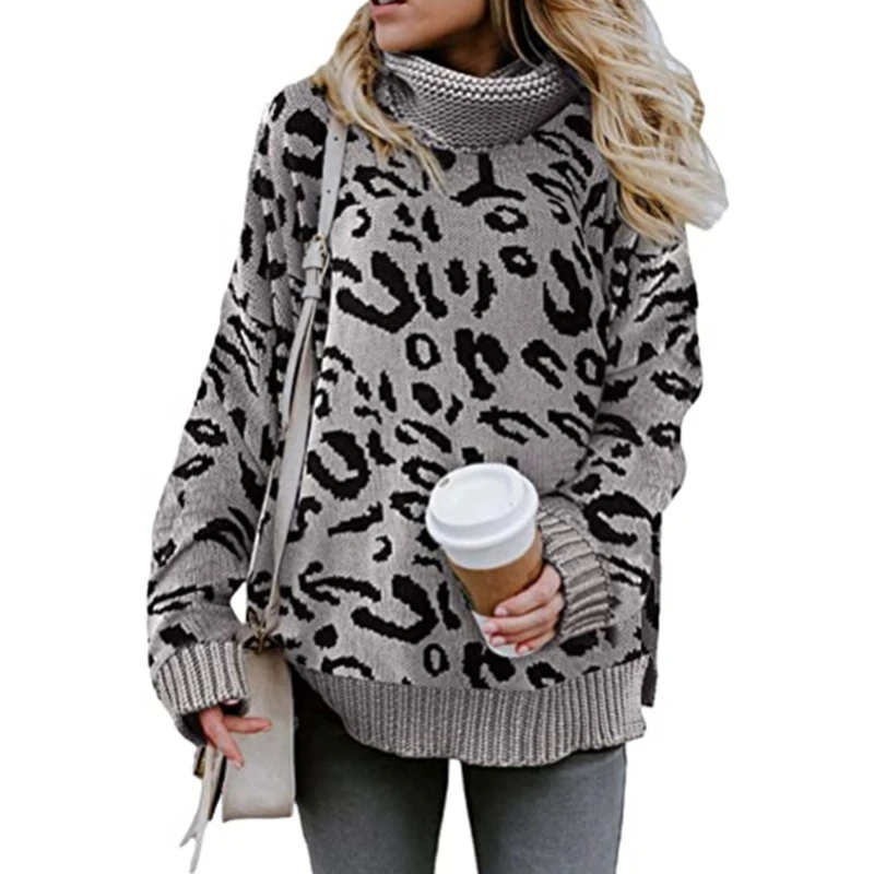 

Women Winter Long Sleeve Turtleneck Sweater Leopard Casual Loose Pullover Tops Chunky Knitted Side Slit Jumper Shirt Streetwear