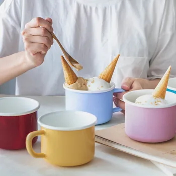 

Japanese style simple porcelain enamel cup milk coffee tea cup children water mug 350ml home heating cup drinkware