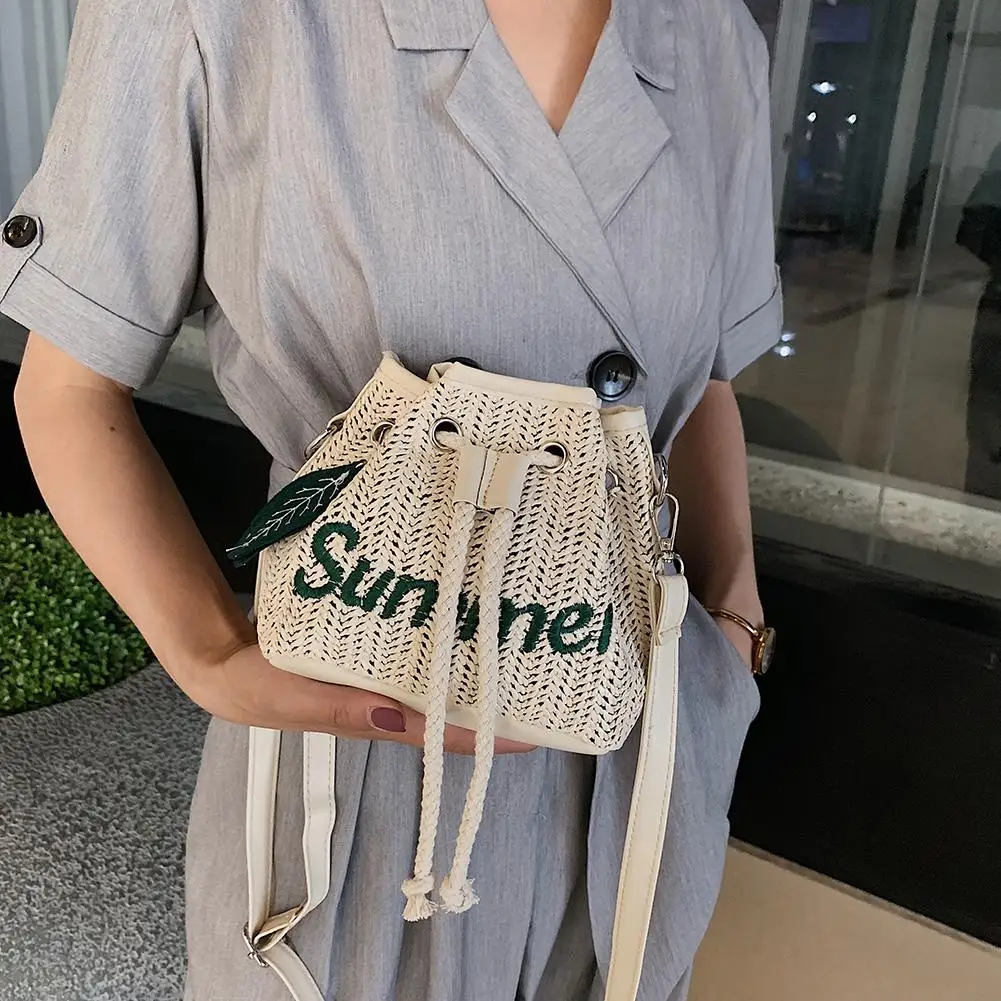 Summer Drawstring Shoulder Bags Women Beach Straw Woven Letters Embroidery Ladies Crossbody Handbags for Travel | Багаж и сумки