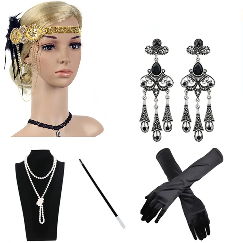 Женская 1920s Великолепная вычурная головная повязка жемчужное ожерелье длинные перчатки колготки держатель для сигарет Gatsby вечерние костюм девушки-флаппера 5 шт набор