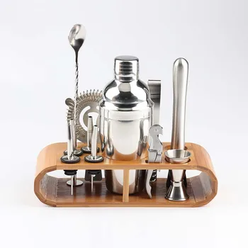 

1Set With Wine Rack Wood Stand Bar Set Tools Stainless Steel Cocktail Shaker Mixer 350-550-750mL Drink Bartender Browser Kit NEW