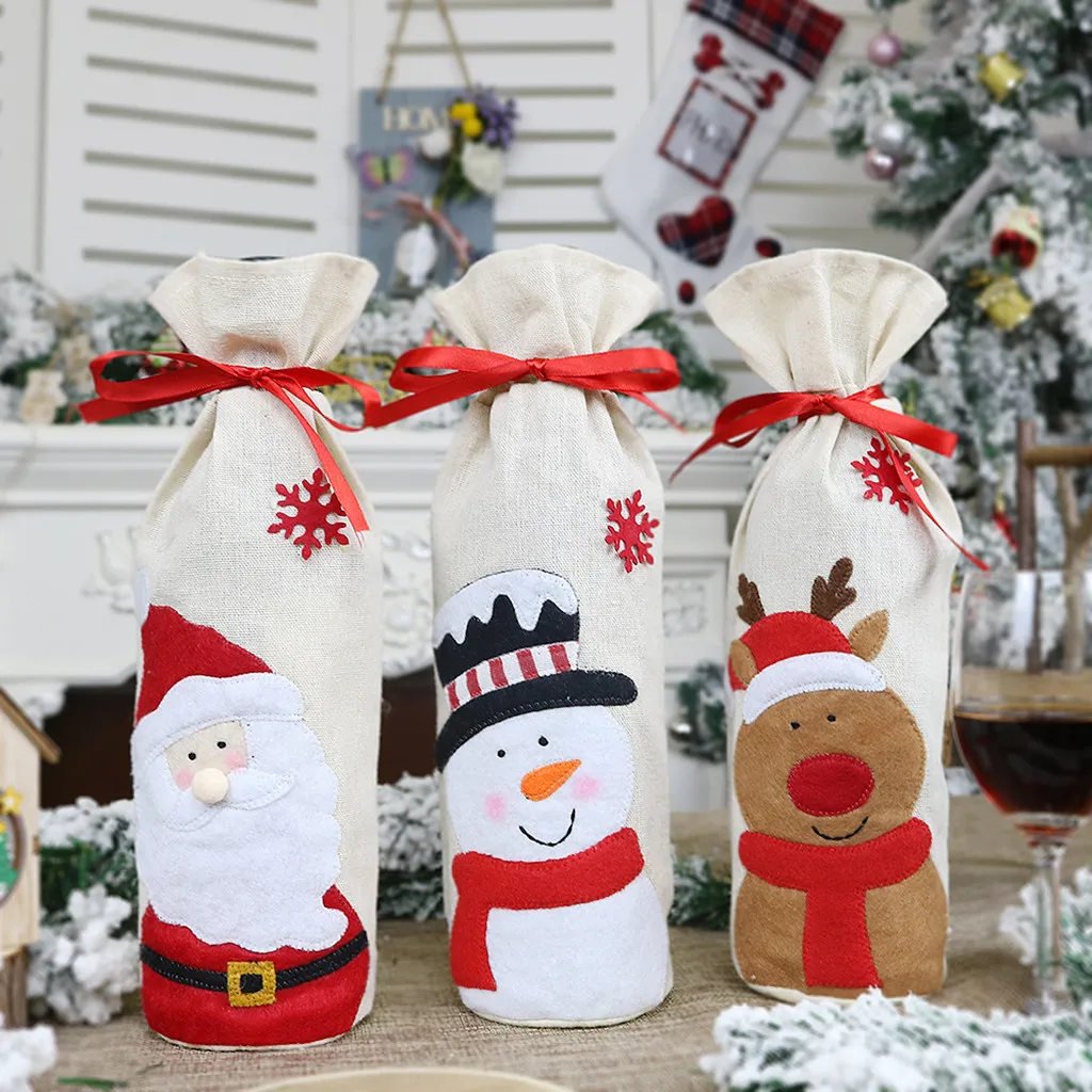 Christmas Red Wine Bottle Covers Bag Santa Clause Snowman Linen Champagne Bottle Cover Christmas Party Home Decor Table#15