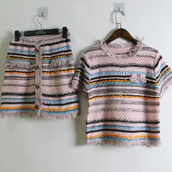

JVCAKE brand 2020 summer women 3 piece set colorful mixed woven striped hollow ribbon tassel sweater skirts and tops and vest