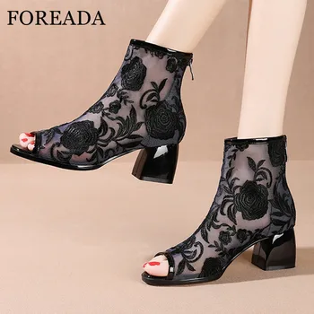 

FOREADA Woman Ankle Boots Flower High Heels Peep Toe Square High Heel Boots Fashion Zipper Female Shoes Summer Black White 33-40