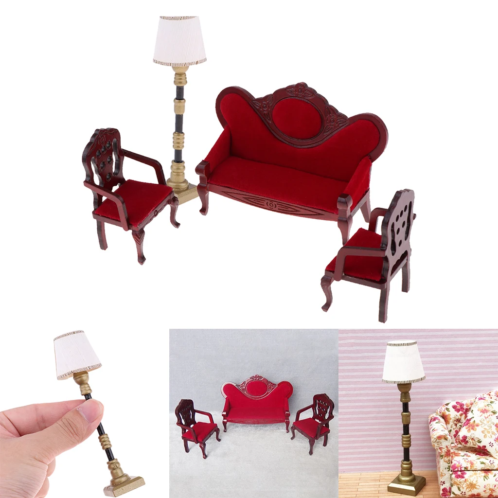 1/12 Dollhouse Miniature Furniture Sofa Couch Chair & Floor Lamp Light Decoration Accessories Model Toy
