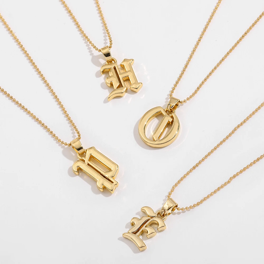 Vintage Gothic AZ Initial Alphabet Old English Pendant Necklace Gold Color Bead Chain Necklace