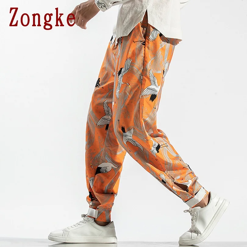 Zongke Crane брюки с принтом, мужские брюки для бега, мужские брюки, уличная одежда, спортивные штаны, шаровары, мужские брюки, 5XL, хип-хоп, осень