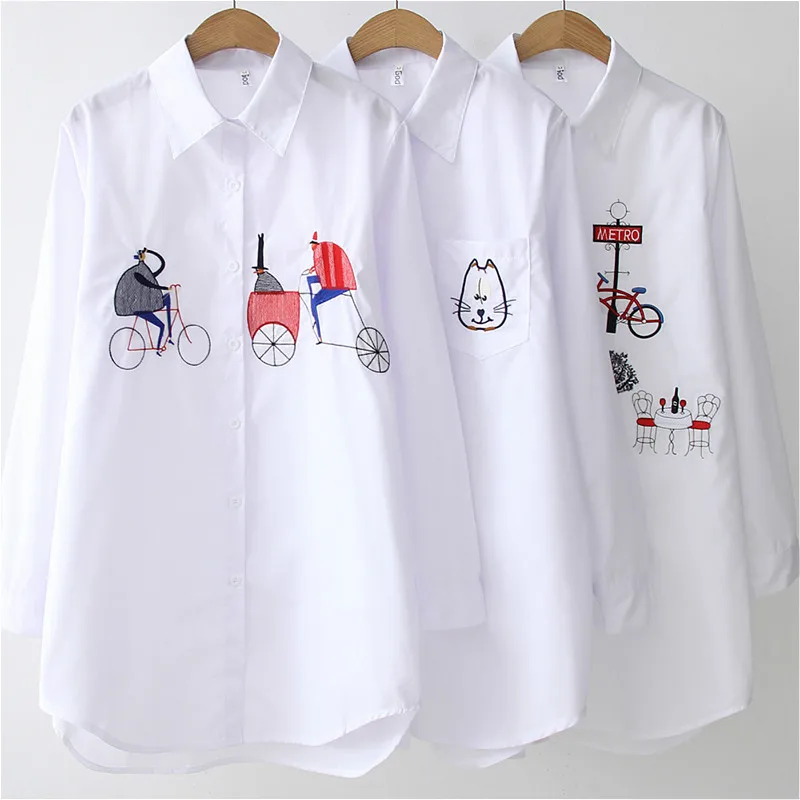Women Blouses Long Sleeve Shirt Turn Down Collar Embroidered Blouses Shirts Women Loose Cotton Shirt Female Fashion New Tops