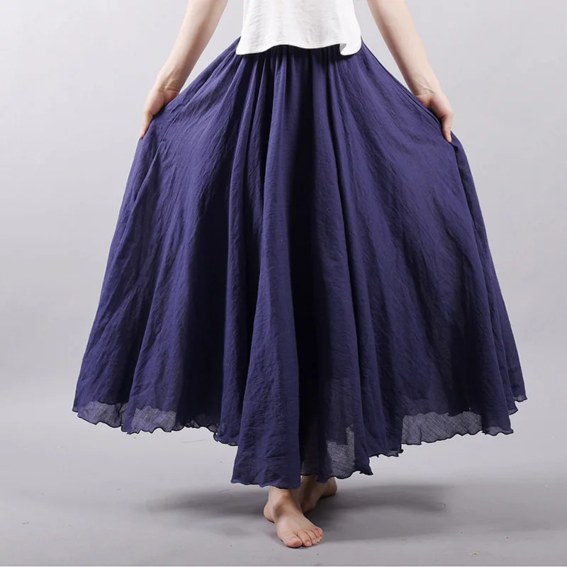 2020 Women Linen Cotton Long Skirts Elastic Waist Pleated Maxi Skirts Beach Boho Vintage Summer Skirts Faldas Saia 4