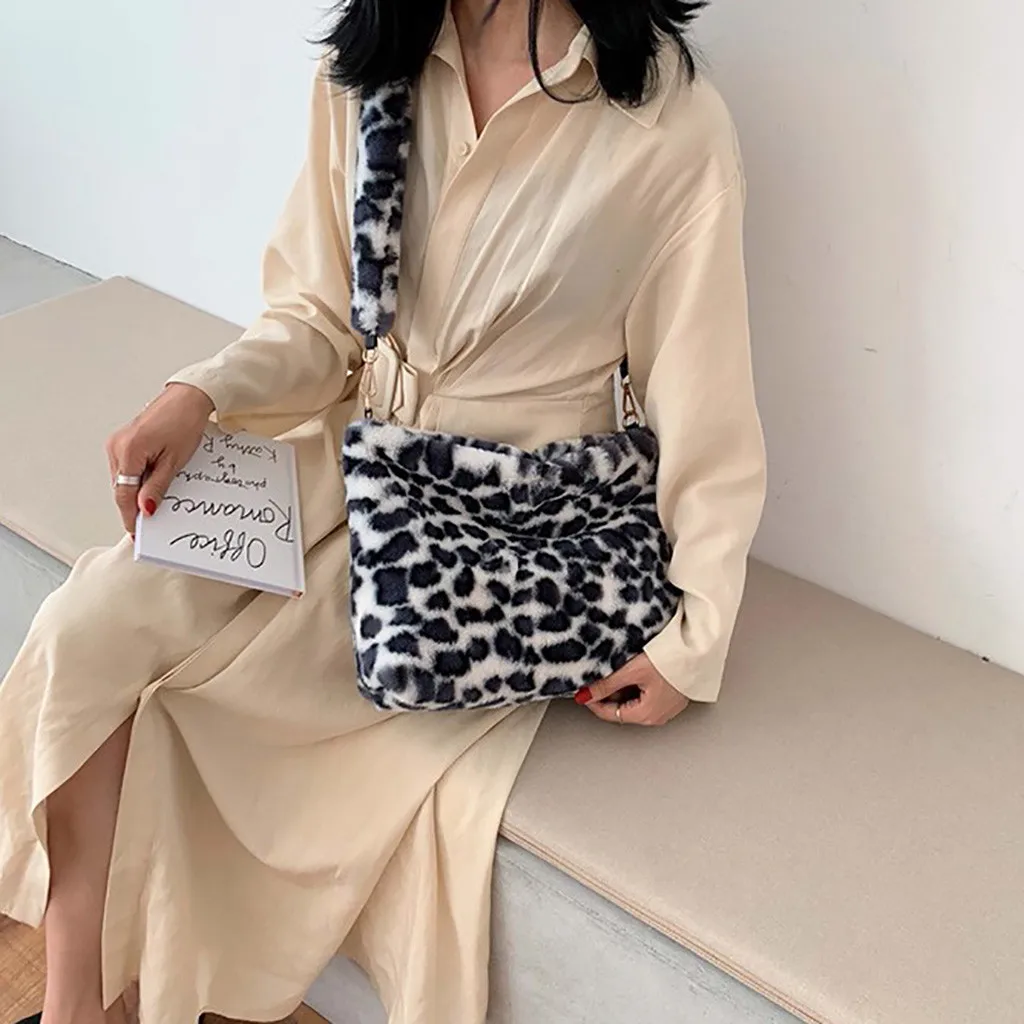 Зимние женские меховые сумки для женщин Сумочка с принтом леопарда дамские клатчи плюшевые сумки через плечо большая сумка Bolsa Feminina